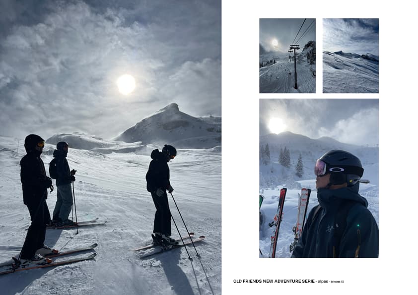 series de photo de ski group de 3 skieur en premier en 2eme photo prise sur un télésiège en 3 ème photo de la montagne skier et en dernier photo d'un homme en équippement de ski dans la neige