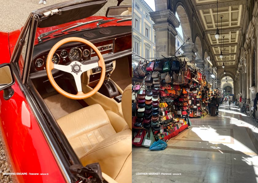 A gauche une photo d'une voiture rouge, en contre plongé sur un fond en gravier à droite une photo des marche de cuire en toscane